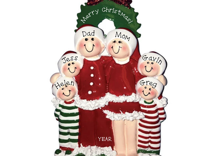 Personalized family of 6 Christmas wreath ornament featuring two parents and four children wearing festive holiday outfits with custom names, family message, and year.