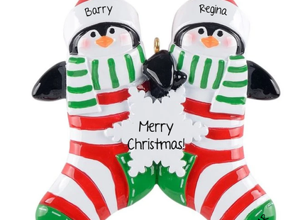 Personalized penguin couple ornament with Barry and Regina on Santa hats, Our 10th Christmas on snowflake and year