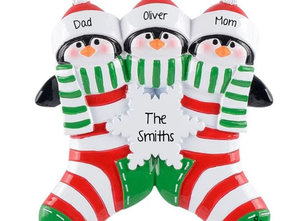 Personalized family of three penguin stocking ornament with Dad Oliver Mom names, The Smith's message and year