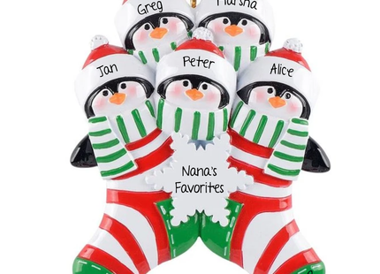 Personalized five penguin Christmas ornament with Greg Marsha Jan Peter Alice names and Nana's Favorites snowflake message