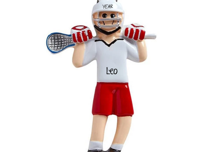 Personalized lacrosse player Christmas ornament with helmet, lacrosse stick, red shorts, custom jersey name and year