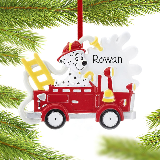 engraved personalized fire truck with dog christmas ornament – Christmas ornament, holiday tree decoration or gift