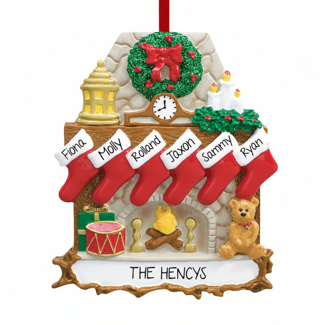 Personalized fireplace stockings family ornament with 6 names and custom family name