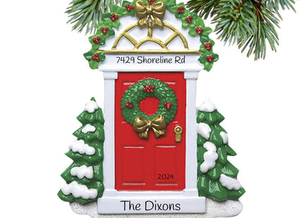engraved personalized red door with wreath and evergreen trees christmas ornament – Christmas ornament, holiday tree decorati