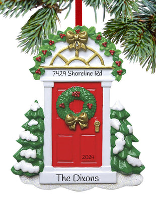 Red Door with Wreath and Evergreen Trees Ornament  by RUDOLPH AND ME Ornament