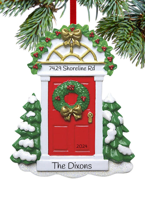 Red Door with Wreath and Evergreen Trees Ornament  by RUDOLPH AND ME Ornament