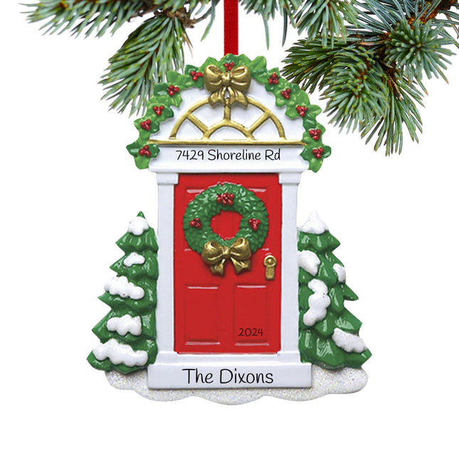 engraved personalized red door with wreath and evergreen trees christmas ornament – Christmas ornament, holiday tree decorati