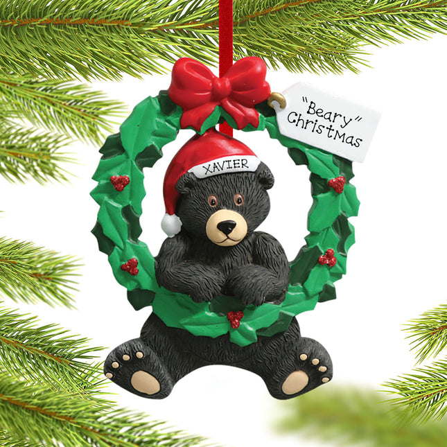 custom personalized wreath bear christmas ornament – Christmas ornament, holiday tree decoration or gift