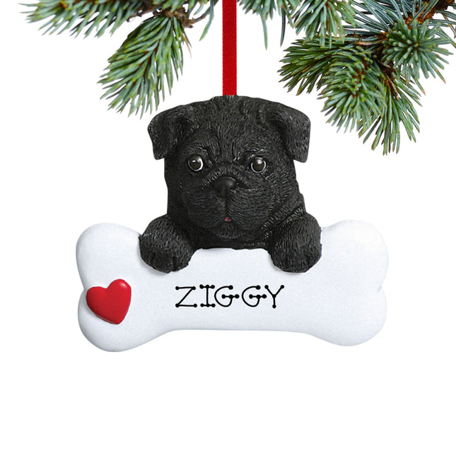 Black Pug Dog Bone Ornament