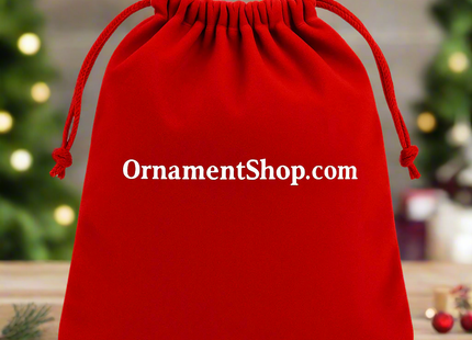 Red drawstring bag with 'OrnamentShop.com' text on a white background