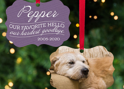 keepsake personalized our favorite hello, our hardest goodbye - purple dog christmas ornament – Christmas ornament, holiday t