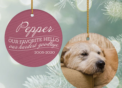 engraved personalized 'our favorite hello, hardest goodbye' dog christmas ornament – Christmas ornament, holiday tree decorat