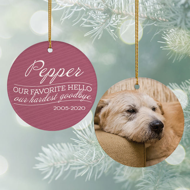 engraved personalized 'our favorite hello, hardest goodbye' dog christmas ornament – Christmas ornament, holiday tree decorat