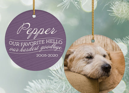 holiday personalized 'our favorite hello, hardest goodbye' dog christmas ornament – Christmas ornament, holiday tree decorati