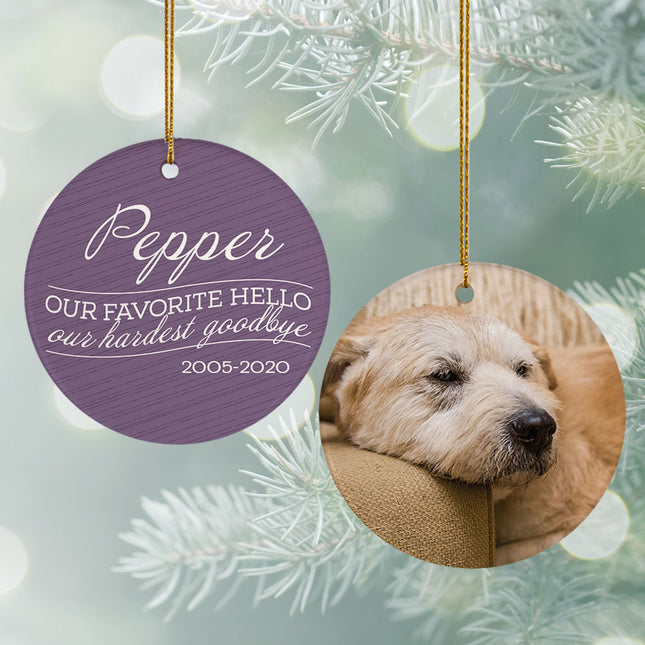 holiday personalized 'our favorite hello, hardest goodbye' dog christmas ornament – Christmas ornament, holiday tree decorati