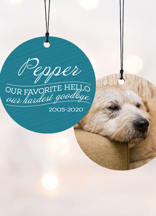 "Our Favorite Hello - Blue Dog" Personalized Wood Ornament - ORNAMENT SHOP EXCLUSIVE