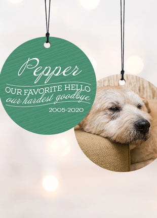 "Our Favorite Hello - Green Dog" Personalized Wood Ornament - ORNAMENT SHOP EXCLUSIVE