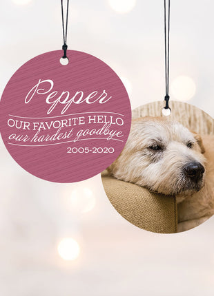 "Our Favorite Hello - Pink Dog" Personalized Wood Ornament - ORNAMENT SHOP EXCLUSIVE