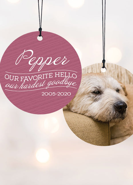 "Our Favorite Hello - Pink Dog" Personalized Wood Ornament - ORNAMENT SHOP EXCLUSIVE