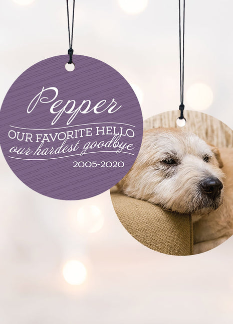 "Our Favorite Hello - Purple Dog" Personalized Wood Ornament - ORNAMENT SHOP EXCLUSIVE