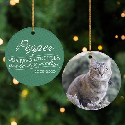 engraved personalized 'our favorite hello, hardest goodbye' cat christmas ornament – Christmas ornament, holiday tree decorat