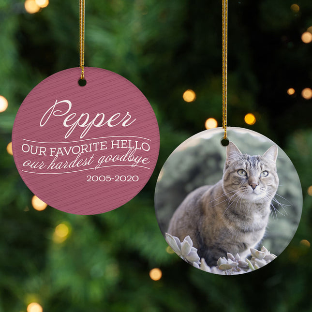 keepsake personalized 'our favorite hello, hardest goodbye' cat christmas ornament – Christmas ornament, holiday tree decorat