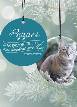 "Our Favorite Hello - Blue Cat" Personalized Wood Ornament - ORNAMENT SHOP EXCLUSIVE