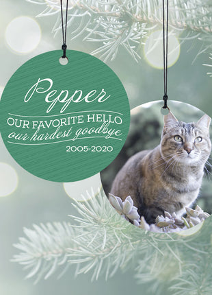 "Our Favorite Hello - Green Cat" Personalized Wood Ornament - ORNAMENT SHOP EXCLUSIVE