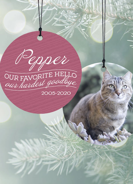 "Our Favorite Hello - Pink Cat" Personalized Wood Ornament - ORNAMENT SHOP EXCLUSIVE