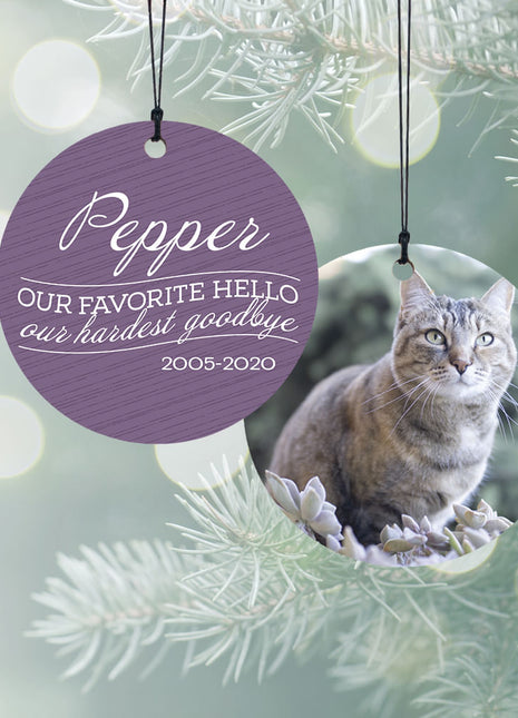 "Our Favorite Hello - Purple Cat" Personalized Wood Ornament - ORNAMENT SHOP EXCLUSIVE