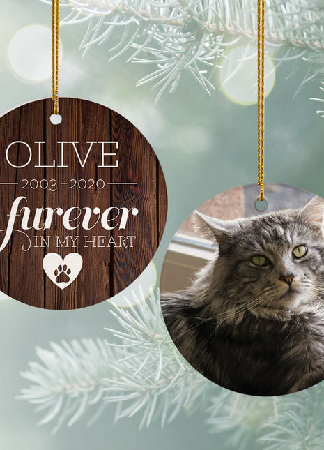 "Furever In My Heart" Cat Memorial Personalized Ceramic Round Ornament - ORNAMENT EXCLUSIVE Personalized Ornament