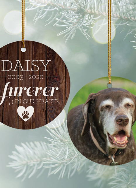 "Furever in Our Hearts" Pet Memorial Personalized Ceramic Round Photo Ornament - ORNAMENT EXCLUSIVE Personalized Ornament