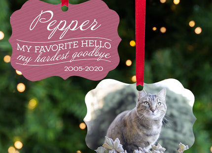 decorative personalized my favorite hello, my hardest goodbye - pink cat christmas ornament – Christmas ornament, holiday tre