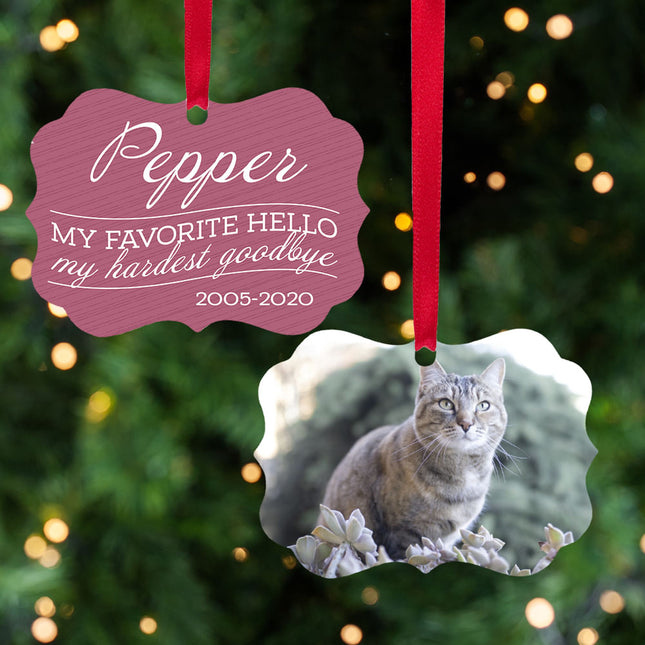 decorative personalized my favorite hello, my hardest goodbye - pink cat christmas ornament – Christmas ornament, holiday tre