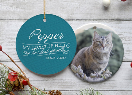 personalized personalized 'my favorite hello, hardest goodbye' cat memorial christmas ornament – Christmas ornament, holiday 