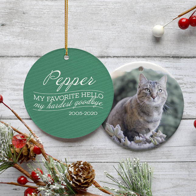 custom personalized 'my favorite hello, hardest goodbye' cat memorial christmas ornament – Christmas ornament, holiday tree d