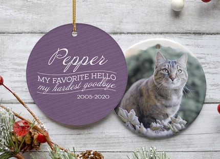 holiday personalized 'my favorite hello, hardest goodbye' cat memorial christmas ornament – Christmas ornament, holiday tree 