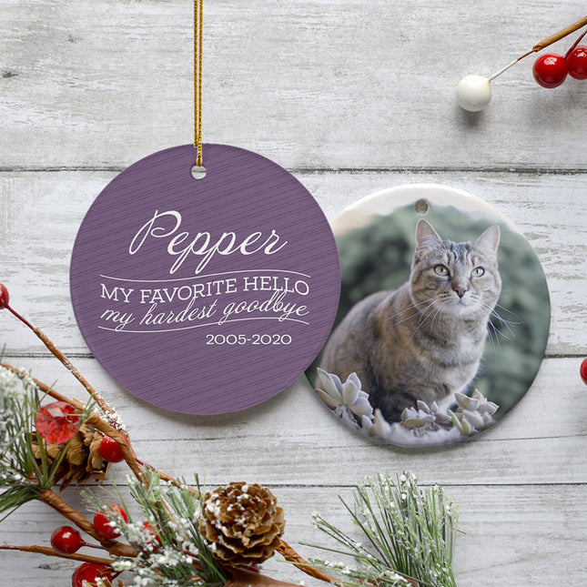 holiday personalized 'my favorite hello, hardest goodbye' cat memorial christmas ornament – Christmas ornament, holiday tree 