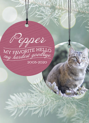 "My Favorite Hello - Pink Cat" Personalized Wood Ornament - ORNAMENT SHOP EXCLUSIVE