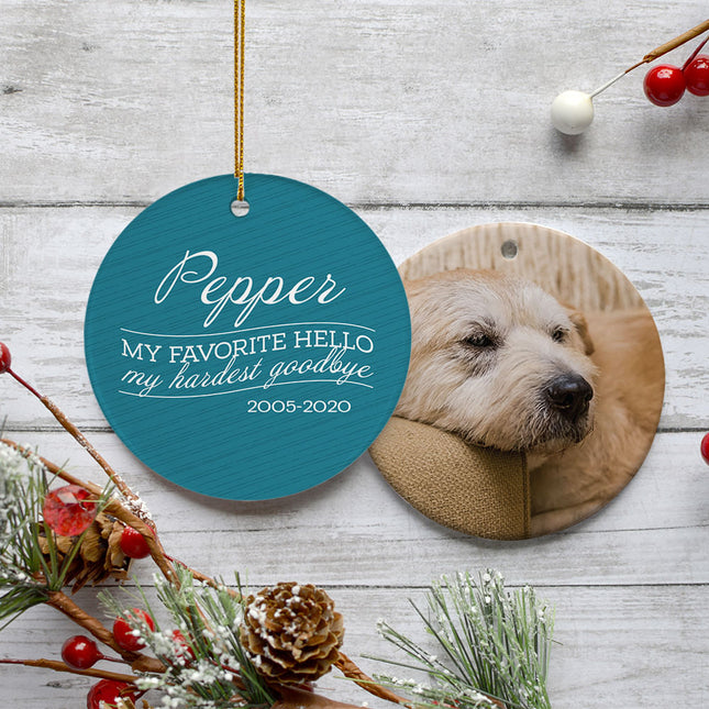 personalized personalized 'my favorite hello, hardest goodbye' dog memorial christmas ornament – Christmas ornament, holiday 