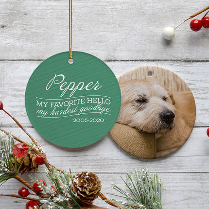 engraved personalized 'my favorite hello, hardest goodbye' dog memorial christmas ornament – Christmas ornament, holiday tree