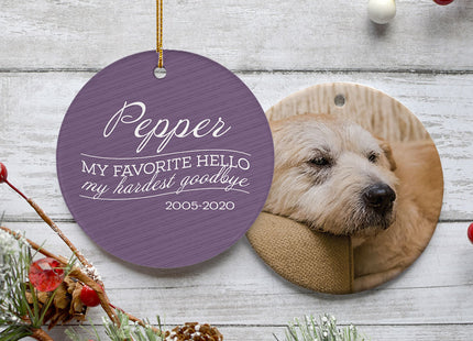 decorative personalized 'my favorite hello, hardest goodbye' dog memorial christmas ornament – Christmas ornament, holiday tr