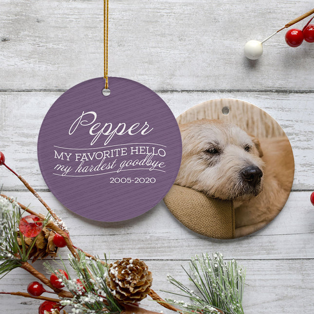 decorative personalized 'my favorite hello, hardest goodbye' dog memorial christmas ornament – Christmas ornament, holiday tr