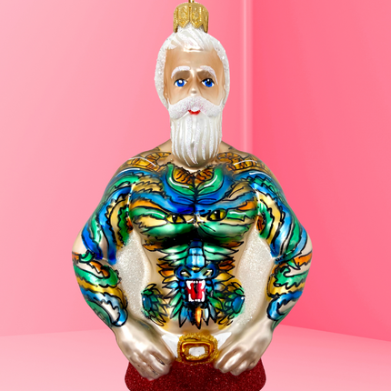 Tattoo Santa Glass Christmas Ornament