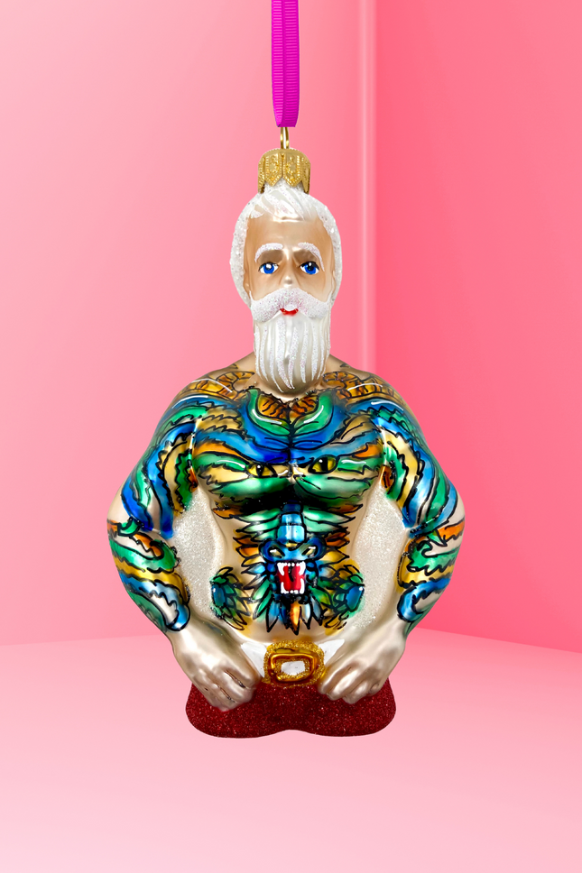 Tattoo Santa Glass Christmas Ornament