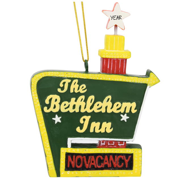 Personalized Bethlehem Inn Christmas ornament featuring a vintage-style Bethlehem Inn sign with a custom year on the star and a "No Vacancy" message.