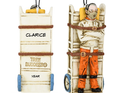 Personalized Hannibal Lecter on dolly Christmas ornament with custom name and year on the back of the transport dolly.