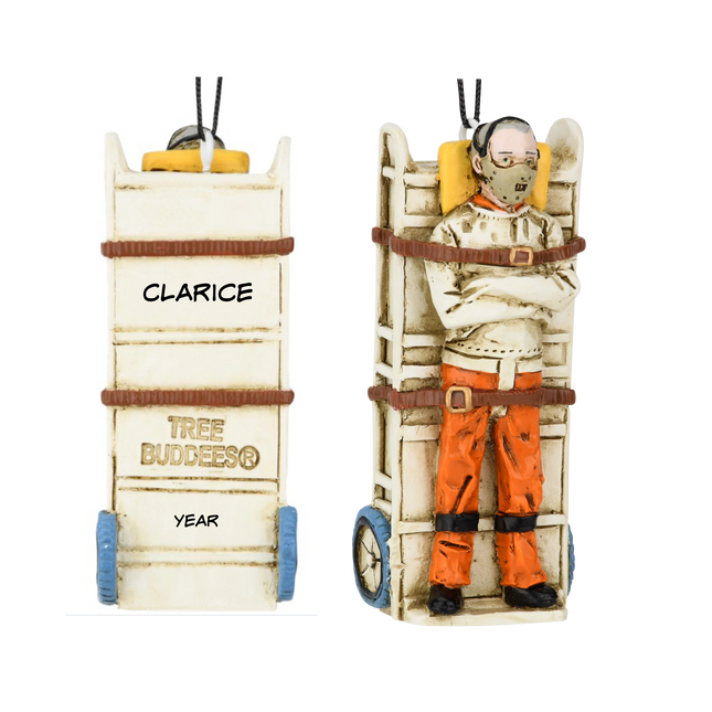Personalized Hannibal Lecter on dolly Christmas ornament with custom name and year on the back of the transport dolly.