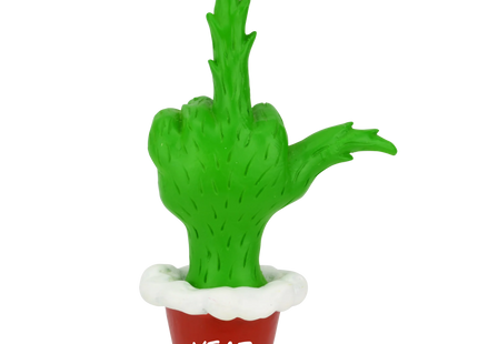 Personalized funny green Grinch-style hand Christmas ornament with middle finger gesture, red Santa cuff and custom year.