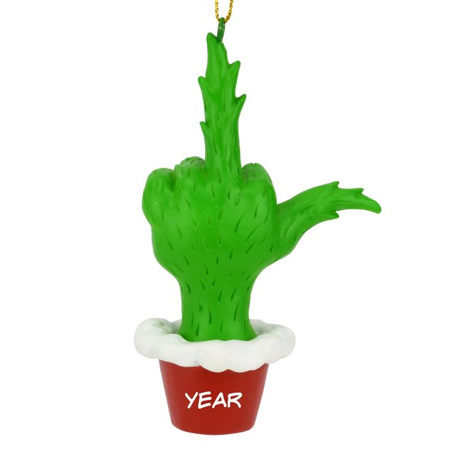 Personalized funny green Grinch-style hand Christmas ornament with middle finger gesture, red Santa cuff and custom year.
